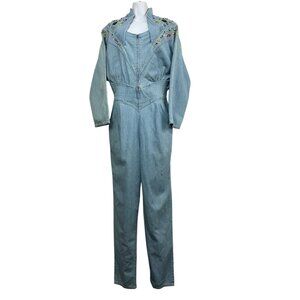 Vintage Western Denim Jumpsuit Sz M Blue Bejeweled Rhinestones Cowgirl Festival